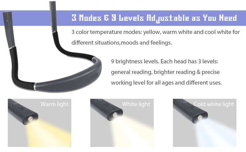 Night LED lighting book USB charging three color folding dual head hanging neck reading light_voghion.com