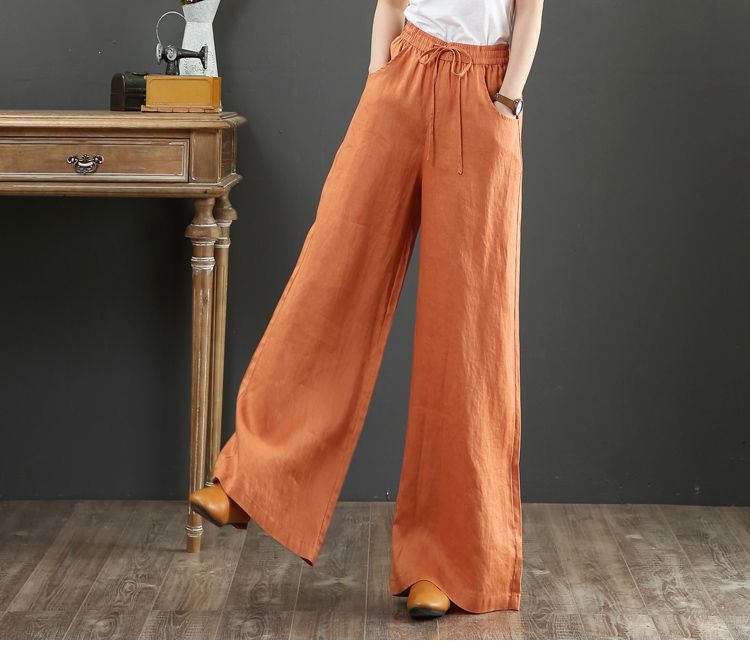 2023 Spring Summer Korean Cotton Loose Plus Size Wide Leg High Waist Floor-Length Straight Linen Women's Pants_voghion.com