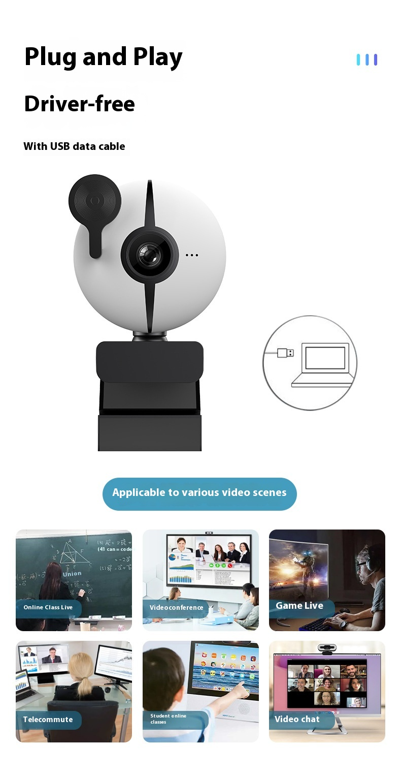 1080P HD Webcam W/ Ring Light & Privacy Cover, 120° Wide Angle For Streaming, Zoom Meetings, Gaming, Remote Work, Online Class +Free Earbuds_voghion.com