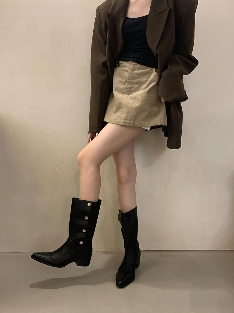 Damenschuhe Stiefeletten Herbst Neue Stiefel aus weichem Leder in geriebener Farbe Metall versteckte Schnalle kann gefaltet werden Zwei Tragemöglichkeiten Retro-Ritterstiefel mit dickem Absatz_voghion.com