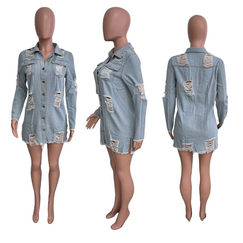 Palton din denim pentru femei, la modă, cu ciucuri, un singur rând de nasturi, cu găuri, lung, cu mânecă lungă, trench din denim_voghion.com