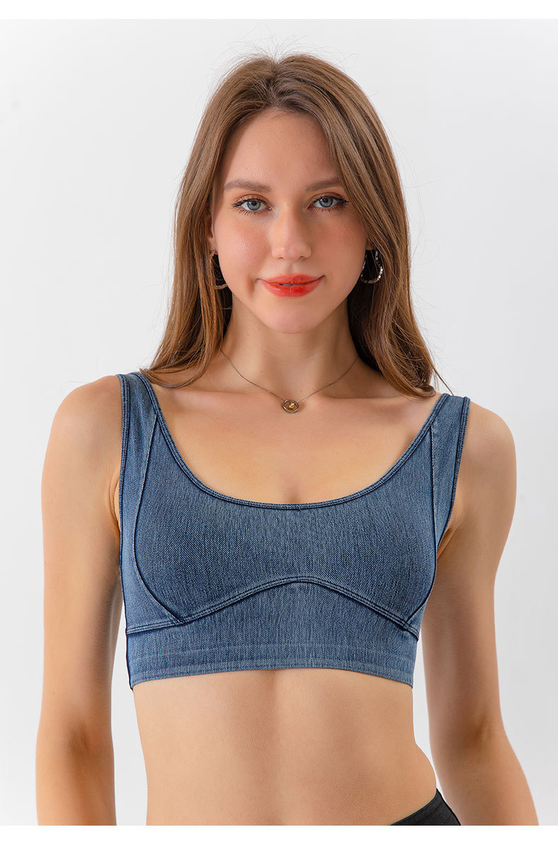 Reggiseno fitness push-up antiurto ad alta resistenza elastico aderente da donna in denim per yoga_voghion.com