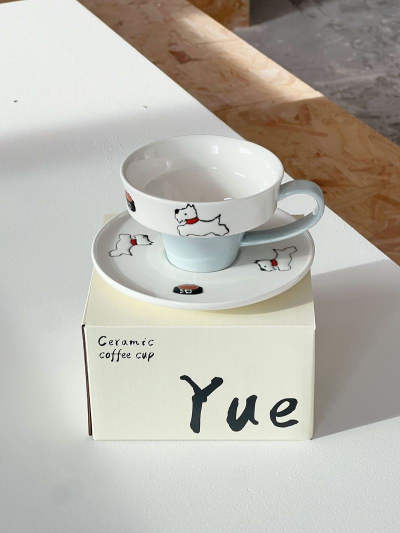 Handmade Ceramic Coffee Cup & Saucer Set With 3D Embossed Animal Design – Cute Westie & Cat Theme For Café & Home Use (250ml)_voghion.com