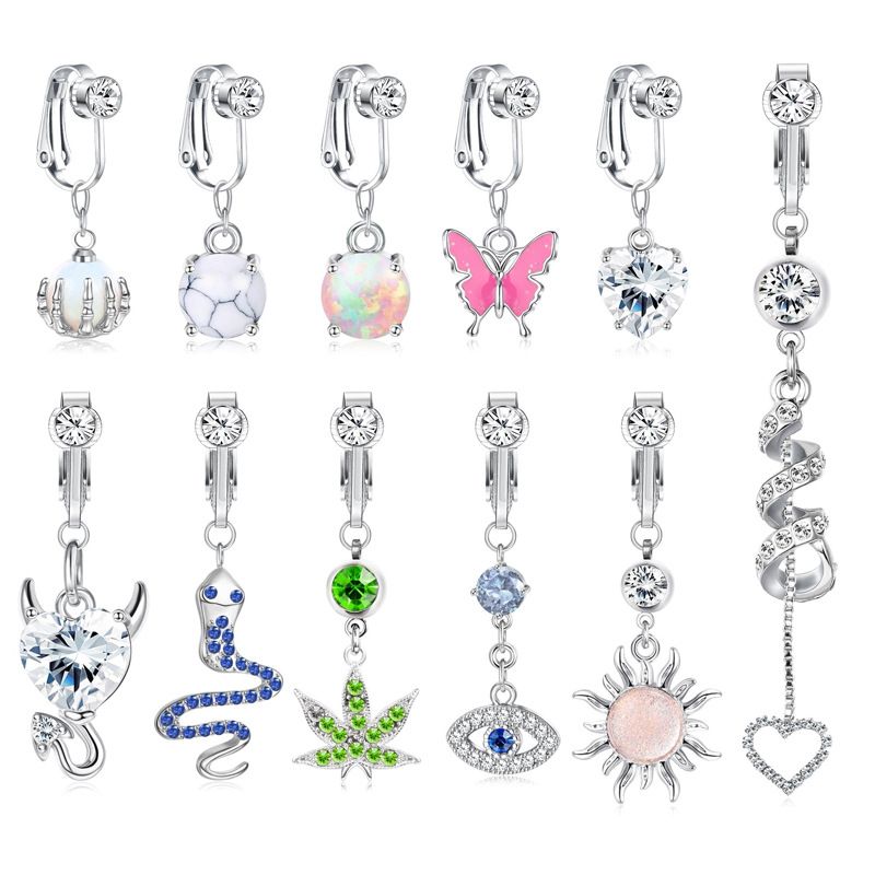 Anello per ombelico in acciaio inossidabile con fiore, luna, cuore, micro pavé di zirconi, nessun piercing, gioielli all'ingrosso_voghion.com