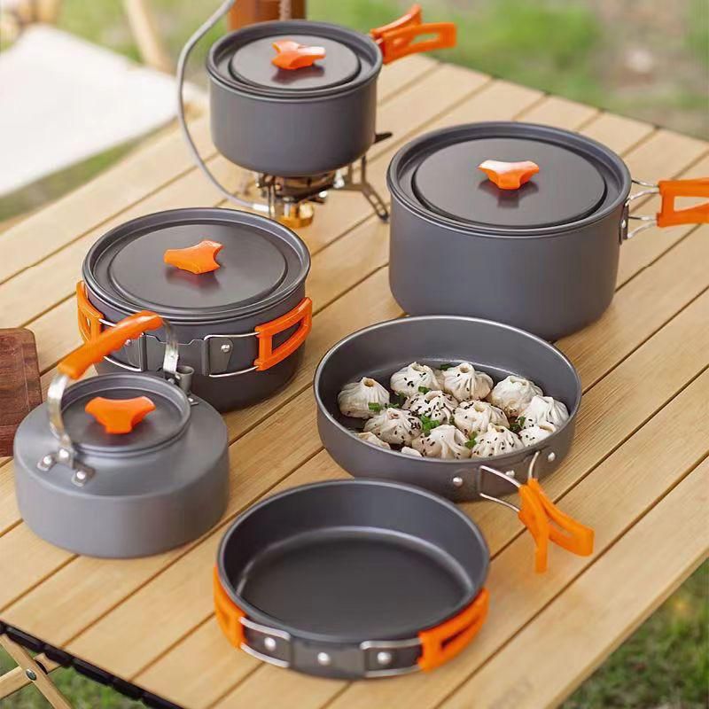 Juego de cocina plegable para exteriores, tetera, sartén, olla para sopa, encendedor, bolsa de almacenamiento, adaptador y suministros_voghion.com