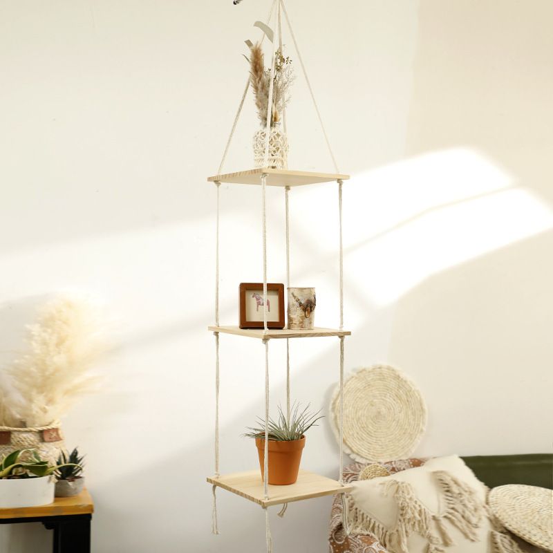 Bohemian handmade cotton rope woven rack square multi-layer wood board home home flower pot pendant storage_voghion.com