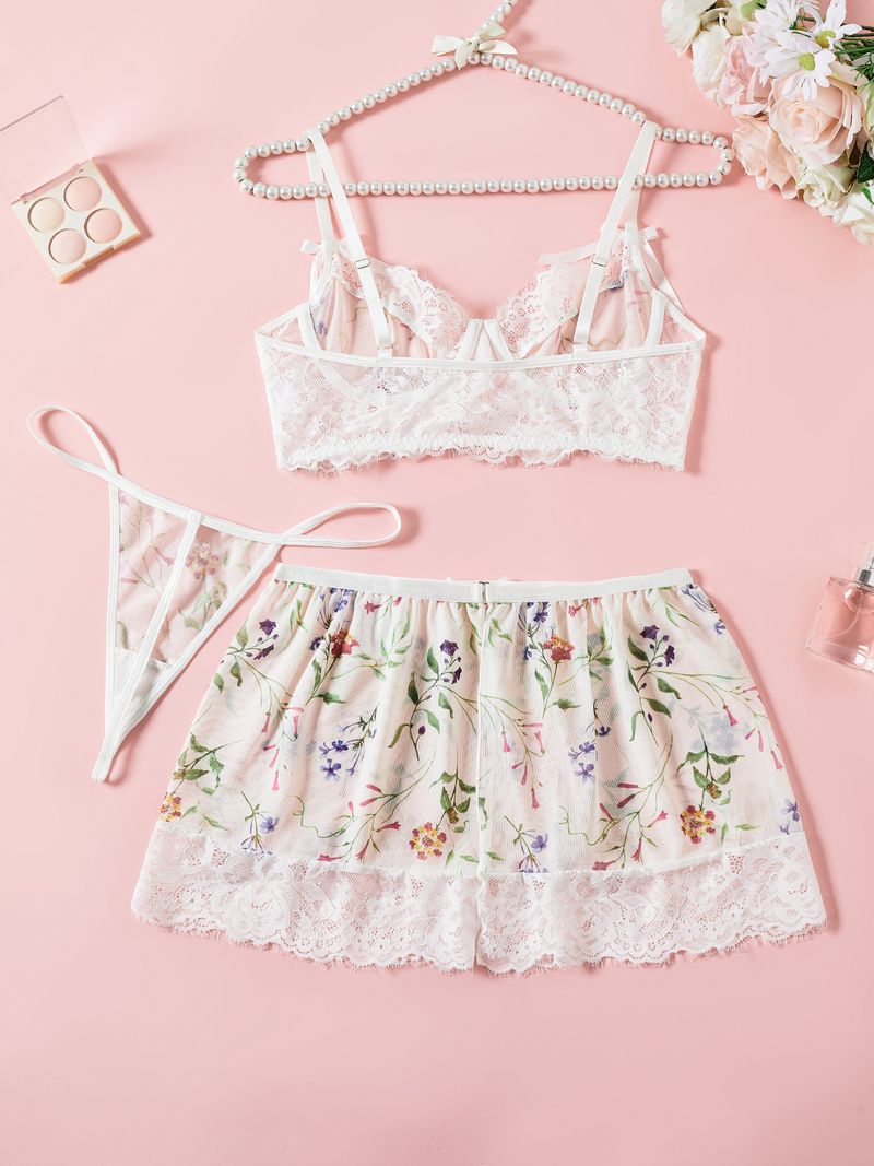 Naisten Intimates-seksikäs alusvaate, pitsikukka-rintaliivit, lyhyt hame, kolmiosainen alusvaate_voghion.com