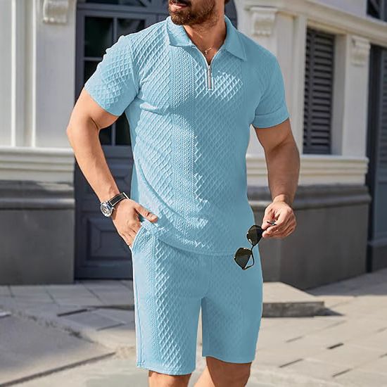 CT Men's Summer Outfit Jacquard Polo Shirt With Turn-down Collar And Shorts Casual Two-piece Set_voghion.com