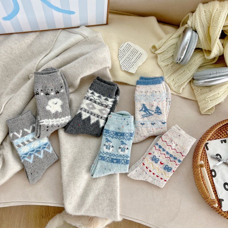 001 001 Vintage Fair Isle Puppy Wool For Women, Autumn And Winter Thickened Warm Gray Mid-Calf Socks, Cute Fuzzy Slouch Socks_voghion.com