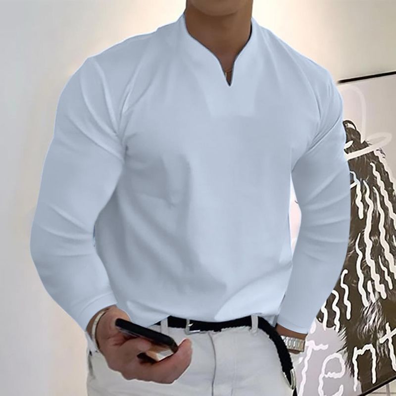Ropa para hombre Nueva camiseta de manga larga con cuello en V para hombre Top transpirable informal_voghion.com