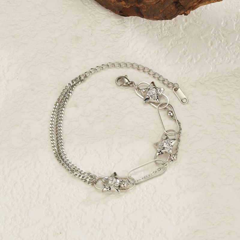 INS Edelstahl Fünfzackiger Stern Eingelegter Diamant Kubanische Kette Gespleißtes Armband Für Frauen Nischendesign Titanstahl_voghion.com