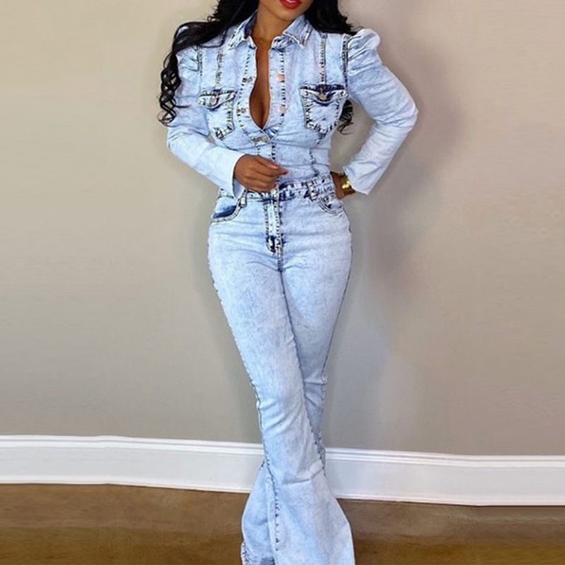 Cross Border Denim Vasket Mote Avslappet Slank Jumpsuit Stor Størrelse Damejumpsuit_voghion.com