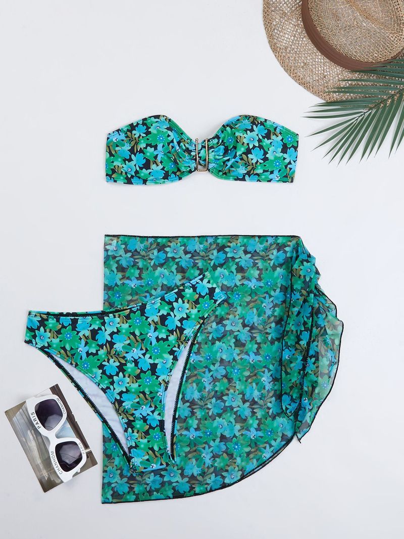 Damen Split Metall U-förmiger Bikini BIKINI dreiteiliger bedruckter Badeanzug_voghion.com