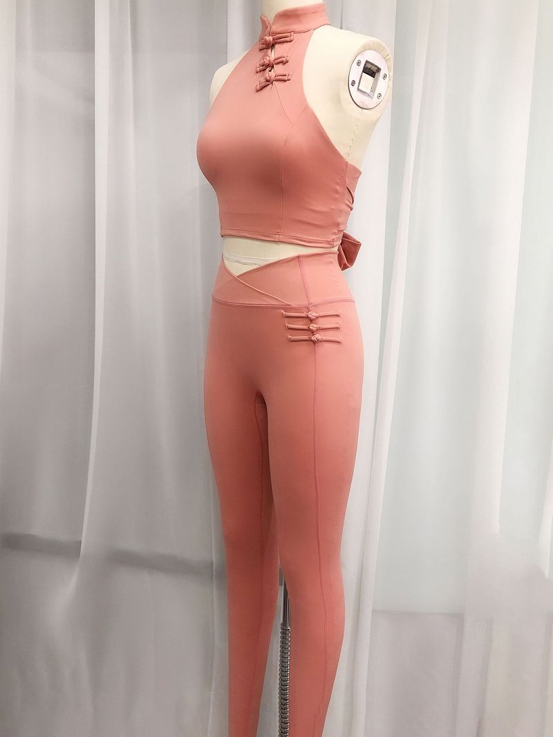 Backless Halter Neck Bowknot Sports Yoga Vest Brushed High Elastic Hip-Showing Fitness Training Pants Set_voghion.com