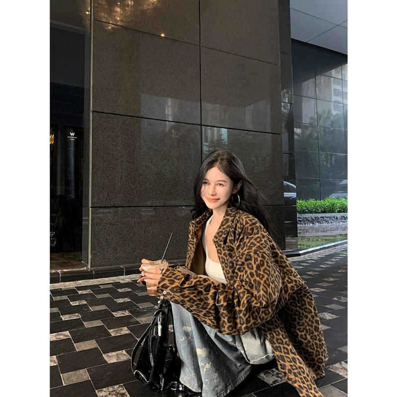 Giacca oversize casual con stampa leopardata per donna, stile americano autunnale, vestibilità ampia e dal design unico_voghion.com