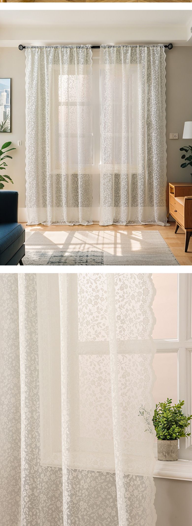 Lace Sheer Curtains For Living Room - Boho Floral Embroidery Voile Drapes, Sun Filtering Lightweight Window Treatment For Bedroom/Patio, 130cm Width_voghion.com