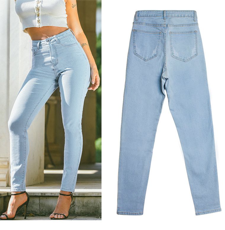 Vêtements pour femmes, pantalon en denim extensible slim taille haute, jean slim délavé de couleur unie_voghion.com
