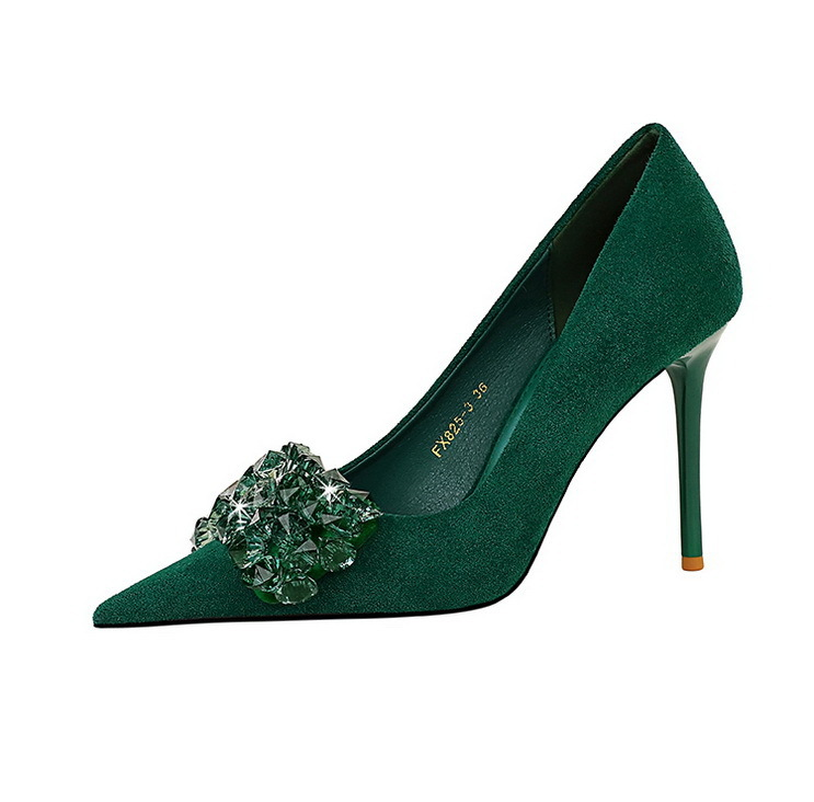 Banquet High Heels Women's with Thin Heels, Suede, Shallow Mouth, Pointed Water Diamond Bow Single Shoes_voghion.com