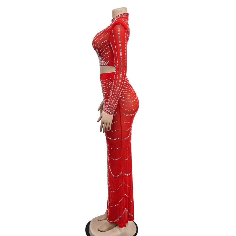 Kadın Giyim Mesh Mesh See Through Uzun Kollu Uzun Etek İki Parça Set_voghion.com