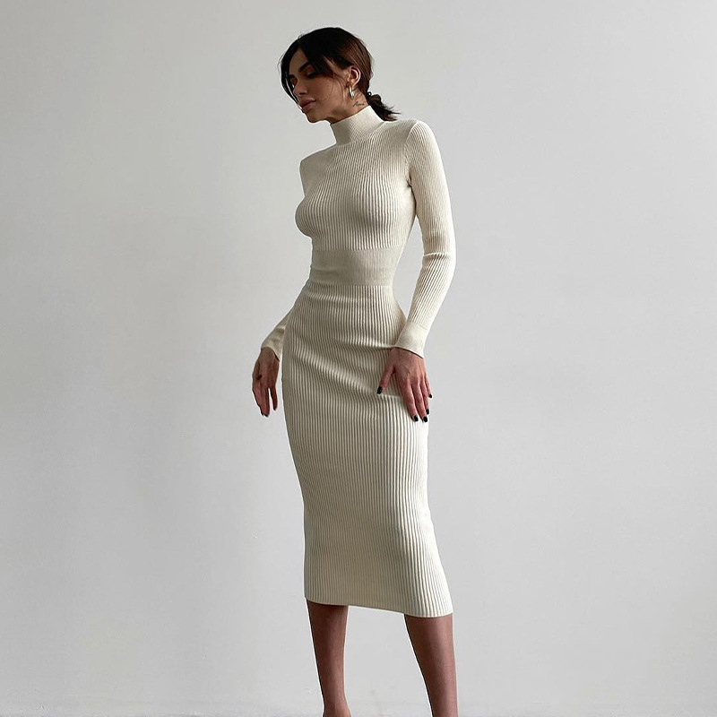 High Collar Mid-length Pitted Knitted Skirt For Women Solid Color Woolen Tight Sexy Autumn And Winter Dress_voghion.com