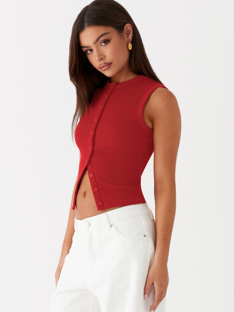 Damenbekleidung Sommer Y2K Slim Hot Girl Ärmellose Weste mit Rundhalsausschnitt und gerippten Knöpfen_voghion.com