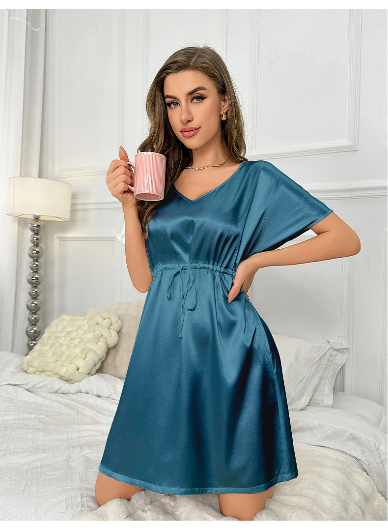 2023 neue Eis Seide Pyjamas Sommer Dünne Taille Schlaf Rock Lange frauen Hause Eingerichtet_voghion.com