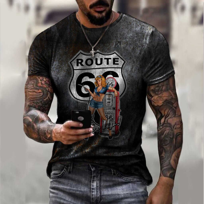 T-shirt da uomo girocollo casual alla moda stampata in 3D della nuova serie Route 66 estiva 2022_voghion.com