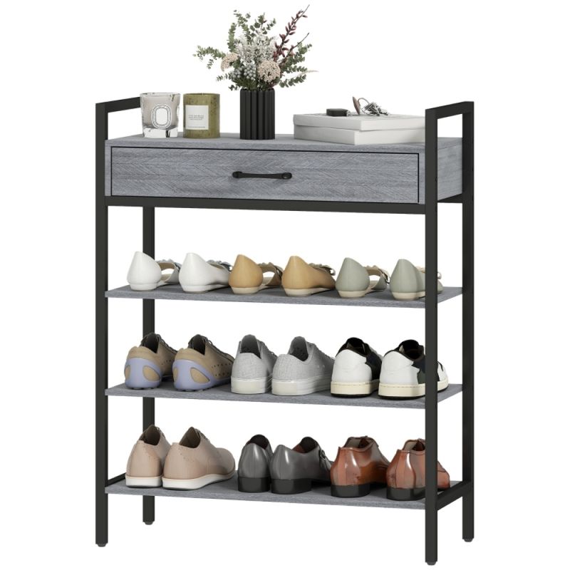 4-stufiges Schuhregal, Flurregal Für Bis Zu 9 Paar Schuhe, Spanplatte, Metall, Grau_voghion.com
