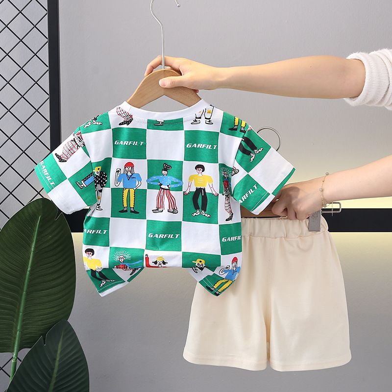 Baby Summer kariert Cartoon Kuerzärm Jongen Set, schéin a modesch Kannerkleeder, Puppelcherskleeder, zwee_voghion.com
