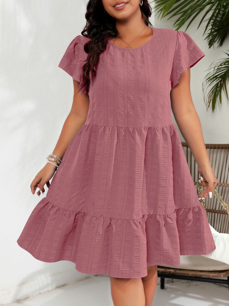Women's Clothing Large Size Round Neck Lotus Leaf Sleeve Waist Holiday Leisure Temperament Dress_voghion.com