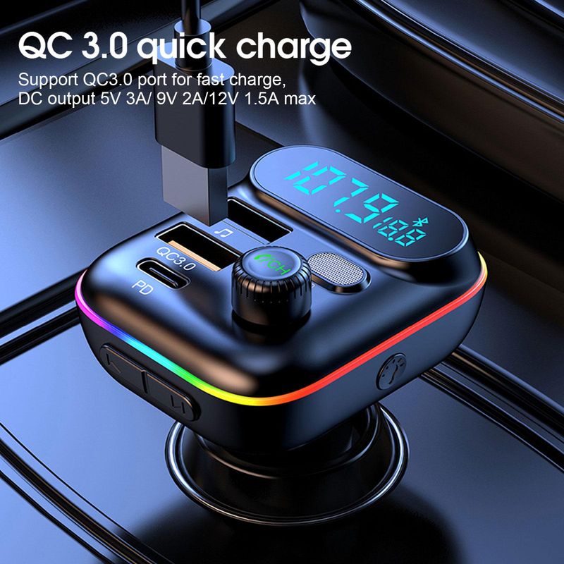 Car Fast Bluetooth 5.0 FM Transmitter PD Dual Player Music Type-C Colorful Ambient MP3 Light Cigarette Lighter USB C0E3_voghion.com