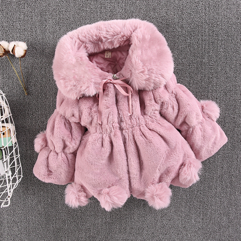 Kinderbekleidung Mädchen Herbst- und Winterpelzmantel Kinderimitationspelz Großer Pelzkragen Pelzball mit dickem Clip Baumwollmantel Flut_voghion.com