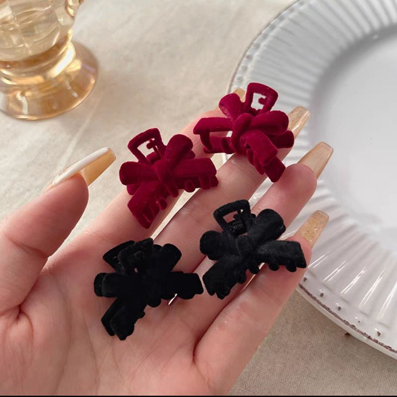 Kleine Schleife ~ Herbst und Winter Beflockung kleiner Clip Netz rot gebrochenes Haar Pony Haarnadel weiblicher Clip Kopfschmuck_voghion.com