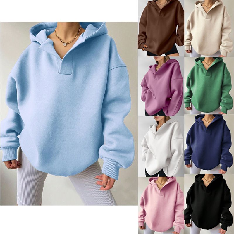 Women's Clothing Sweatshirt Solid Color Long Sleeve Hooded Solid Color Loose Sweater Women's Top_voghion.com