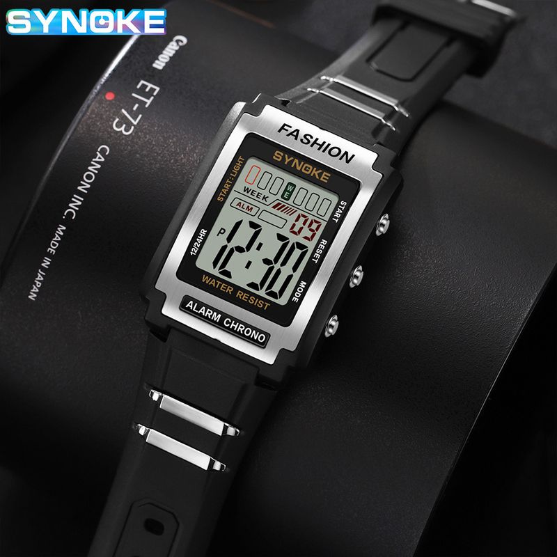 Orologio elettronico sportivo rettangolare SYNOKE Niche impermeabile luminoso con grande schermo e allarme alla moda_voghion.com