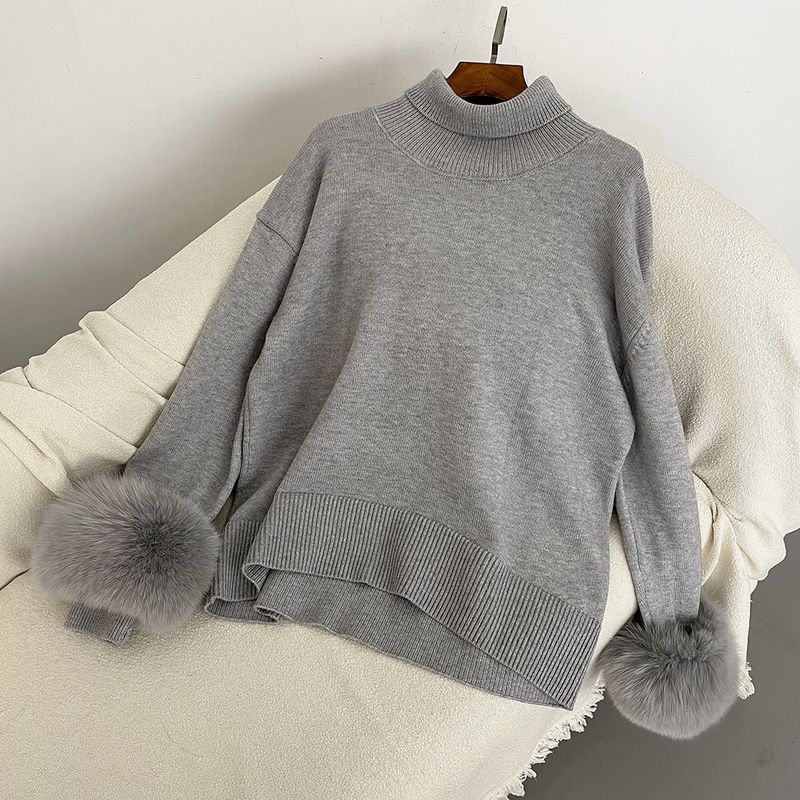 Damenbekleidung Heißer Verkauf Damen Herbst und Winter neuer verdickter hochgeschlossener lockerer Strickpullover mit abnehmbaren Manschetten aus echtem Fuchs_voghion.com