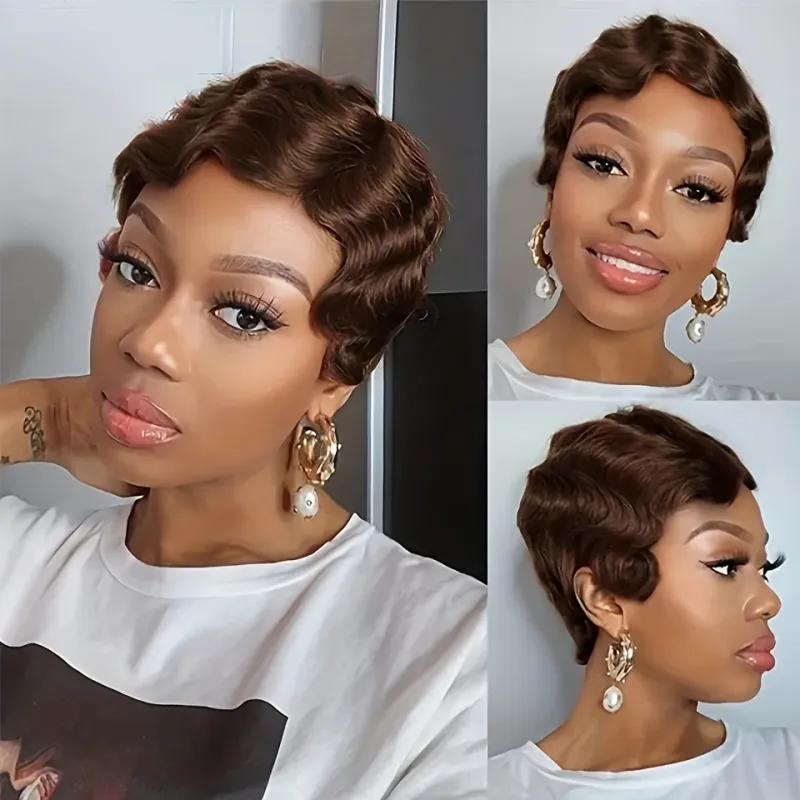 6 Zoll Pixie Cut Perücke Echthaar Perücken für Frauen Volle maschinell gefertigte Perücke_voghion.com