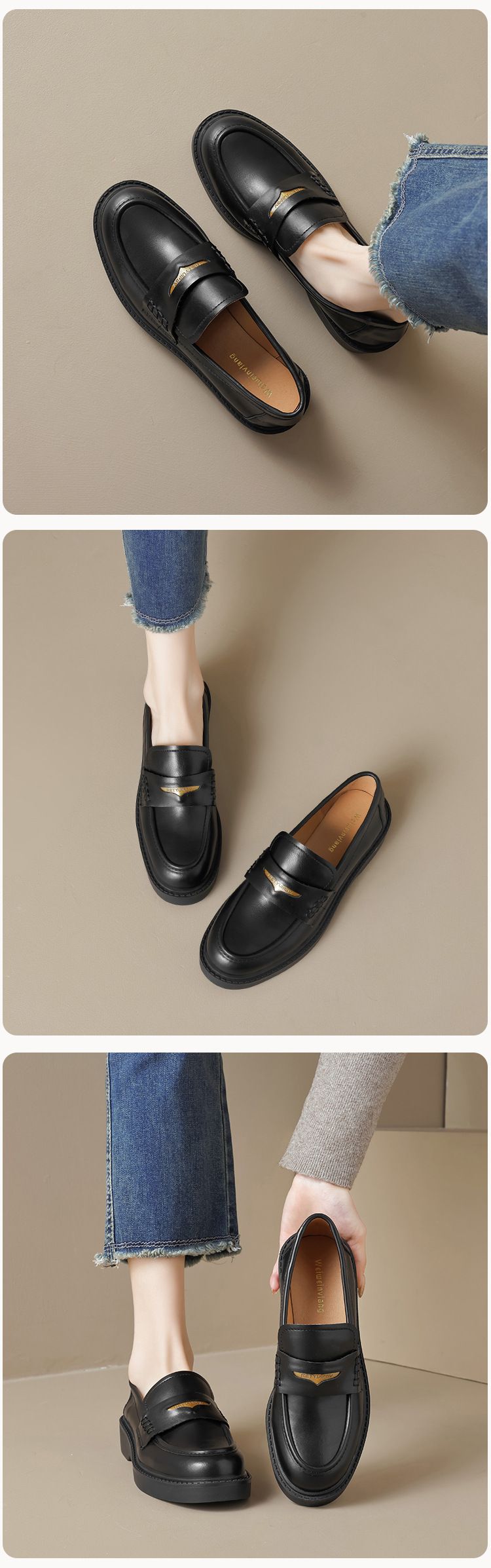 Platform Loafers Women's Autumn Retro Black One-pedal Temperament College Style Small Leather Shoes_voghion.com