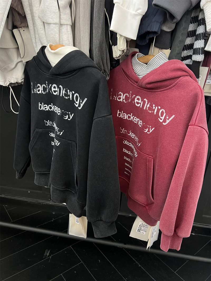 Boys And Girls American Vintage Letter Hooded Sweatshirt, Children's Trendy Cool Autumn Style Sand Washed White Pullover_voghion.com