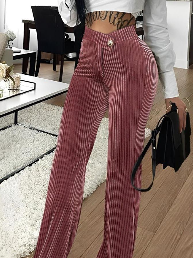 Abbigliamento donna autunno e inverno moda oro velluto a righe pantaloni casual da donna_voghion.com