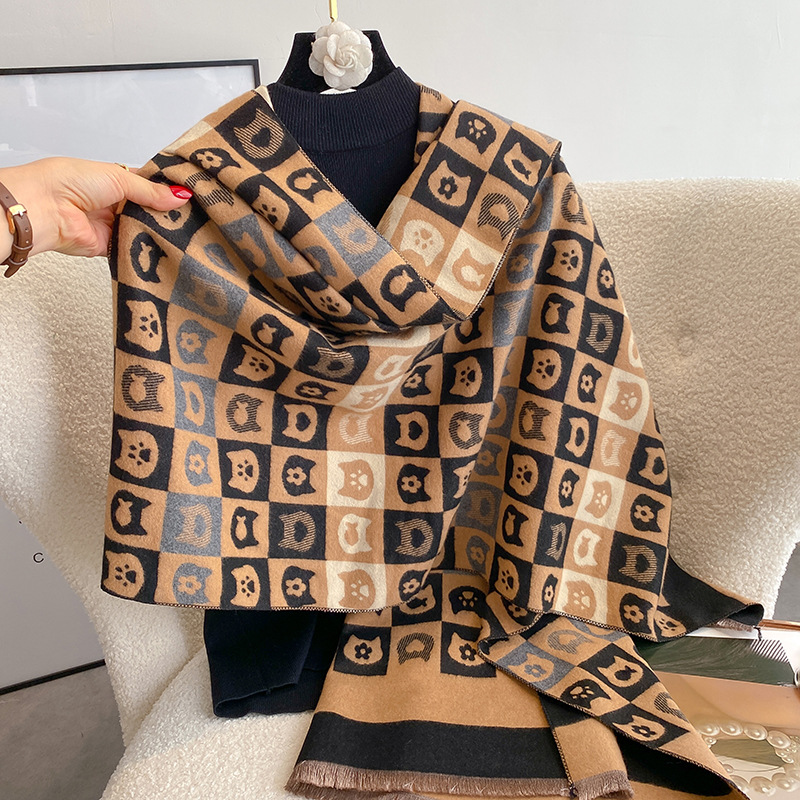 Sciarpa calda in cashmere alla moda coreana per le donne in inverno, sciarpa carina con gatto studentesco a doppia faccia,_voghion.com