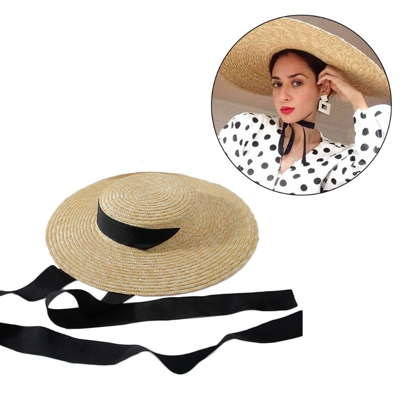 Cappello da sole da donna alla moda, estivo, largo, a tesa larga, con parte superiore piatta, in paglia, vintage, con lungo nastro, cinturino sotto il mento, da viaggio, protezione solare, floscio, da spiaggia_voghion.com