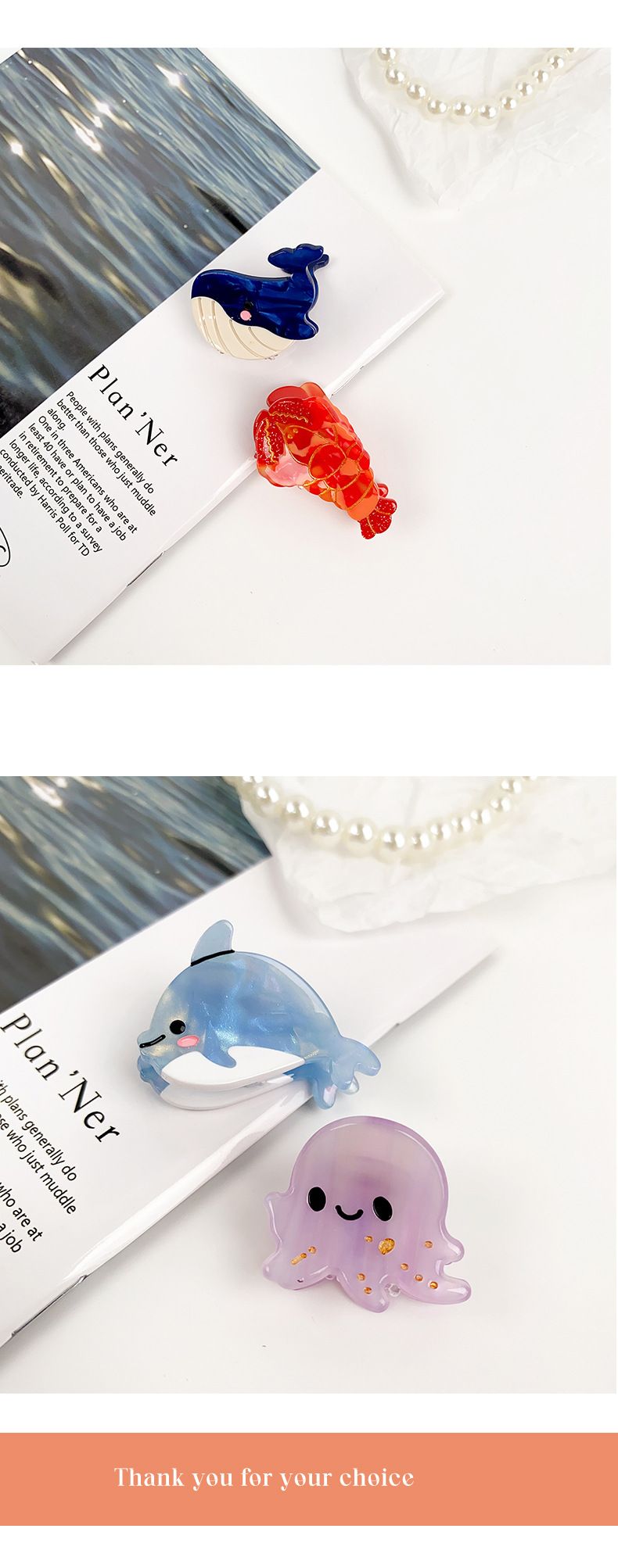 Piccola, squisita e carina clip in acetato a forma di tromba oceanica, conchiglia, accessori per capelli a forma di cartone animato, fermaglio per capelli a forma di delfino, accessori per donne_voghion.com