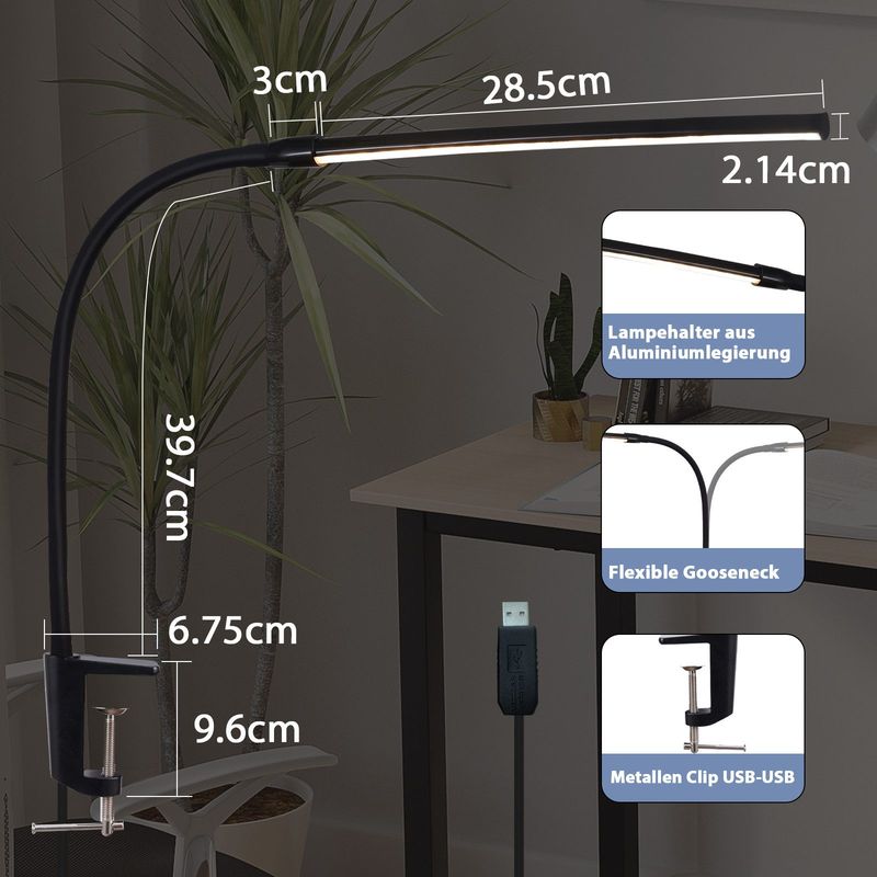 Glitzerlife Schreibtischlampe LED Klemmbar - 5W Weiß Tageslichtlampe Mit 3 Farbtemperatur Und 5 Helligkeitsstufen Mit USB Arbeitsplatzleuchte Klemmlampe Für Büro_voghion.com