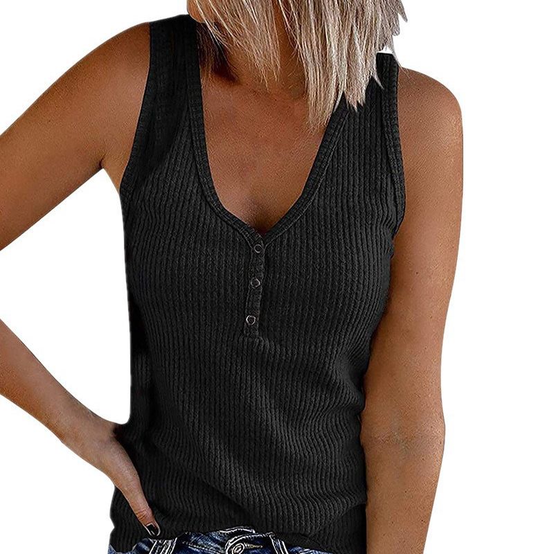2025 New New Women's Button Vest Solid Color V-neck Sleeveless T-shirt Creative Design_voghion.com