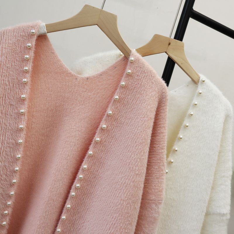 Cárdigan de punto de imitación de chinchilla con cuentas: abrigo extralargo y extragrande (poliéster afelpado, cuello en V, minimalista en blanco, rosa y negro, ideal para el trabajo y la noche)_voghion.com