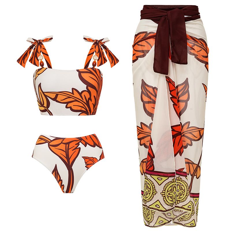 Roupa de banho feminina nova camada de ar babados maple leaf print praia férias maiô de uma peça terno_voghion.com