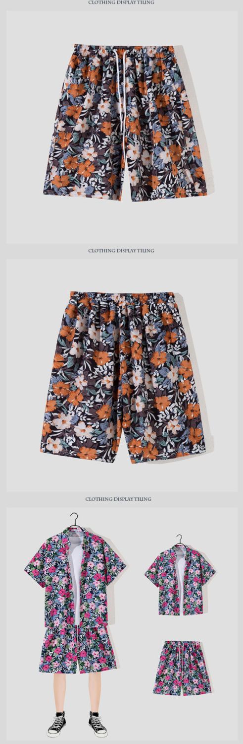 Men's Hawaii seaside beach vacation suit men's loose plus size couple trendy short-sleeved floral shirt casual two-piece set_voghion.com