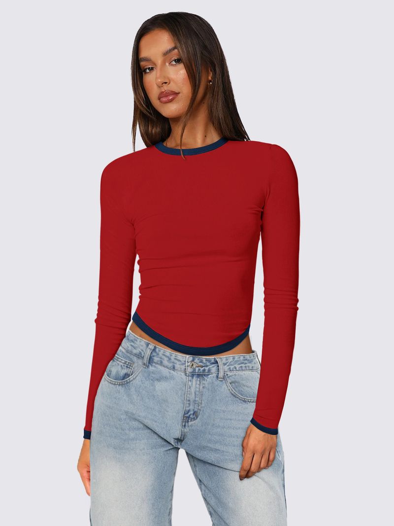 Blusa feminina primavera verão 2025, manga comprida, gola redonda, slim fit, bloco de cores_voghion.com