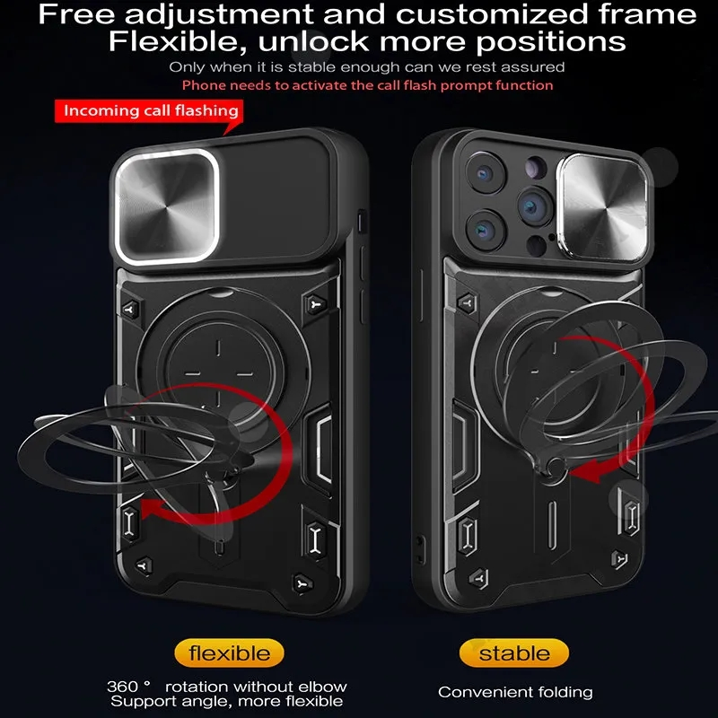 Hülle fir iPhone 15 14 13 12 11 Pro Max 8 7 Plus Magnéitesch rotéierend Schiebekamera 360 Grad rotéierend Standhülle Cover_voghion.com